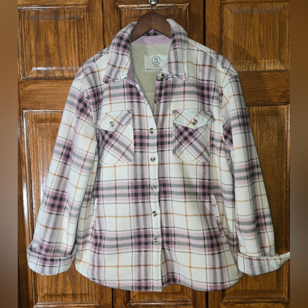 Sage Button Up Fleece Sherpa Shirt Jacket Plaid Pink Tan Pockets Size L - Picture 1 of 4